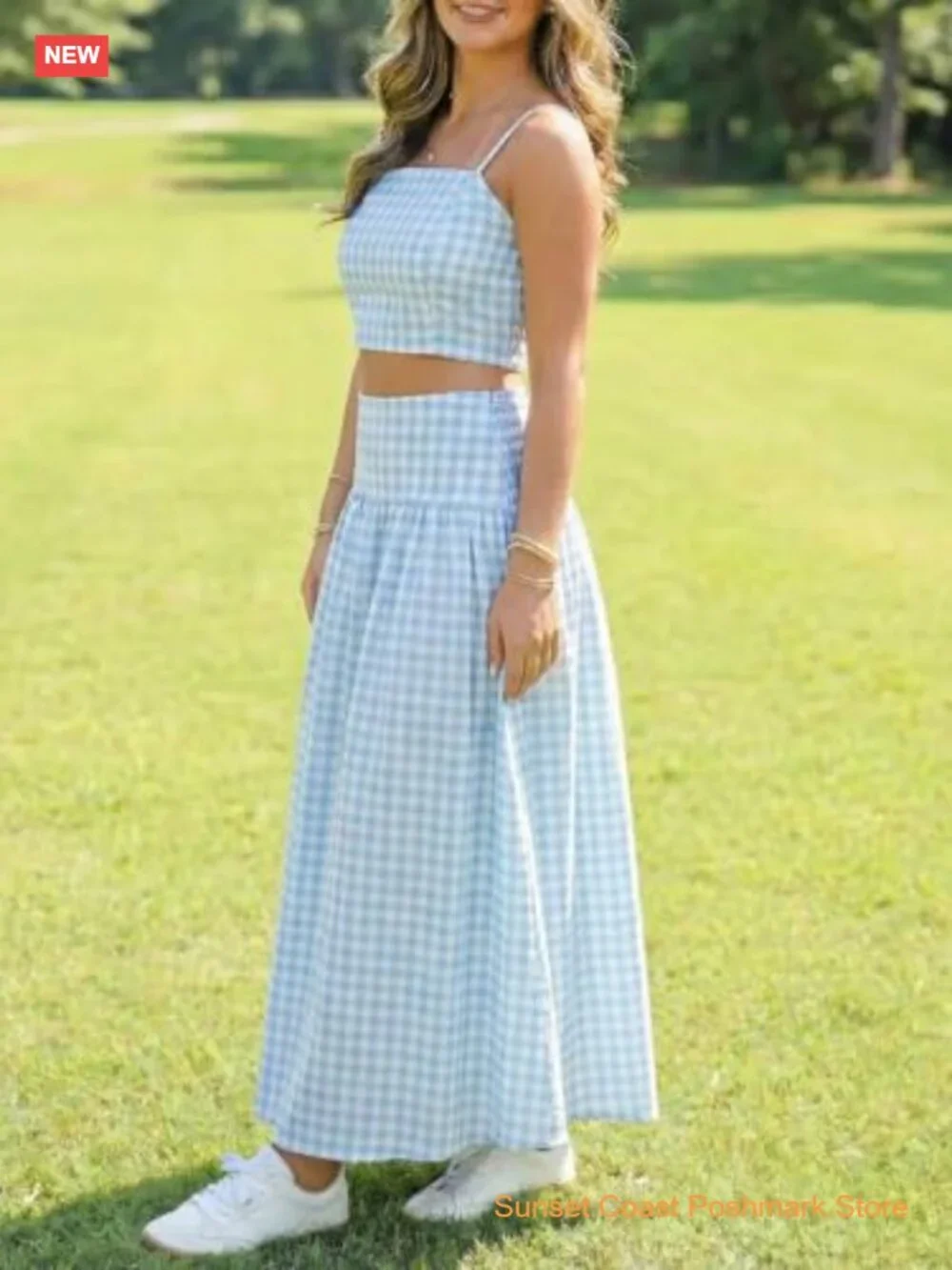 2 Piece Skirt Set Gingham Crop Tank Top Midi Dress Travel Vacation Matching Set